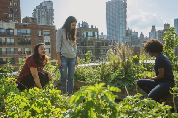 Jeunes participants dans une ferme en toiture au cœur d’un environnement urbain